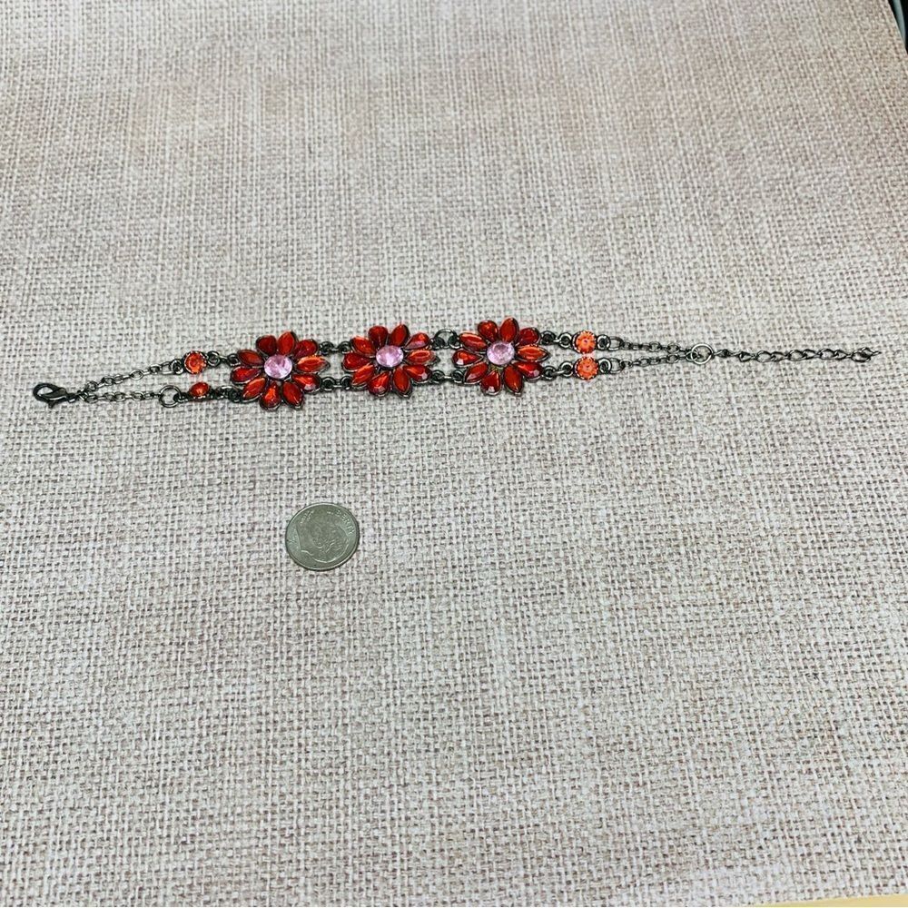 Gunmetal Red Crystal Double Strand Flower Bracelet‎